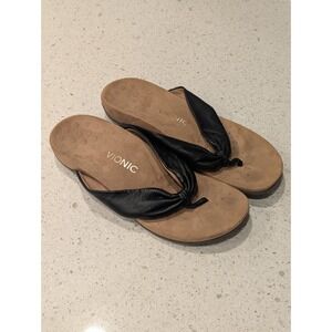 VIONIC Britney Women's Size 9 Black Leather Comfort Flip Flops Thong Sandals